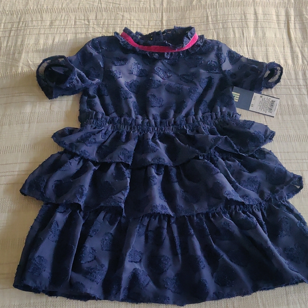 New!OSHKOSH GENUINE KIDS SIZE 5T Navy Blue Heart Dress Tiered Pink Velvet Girls